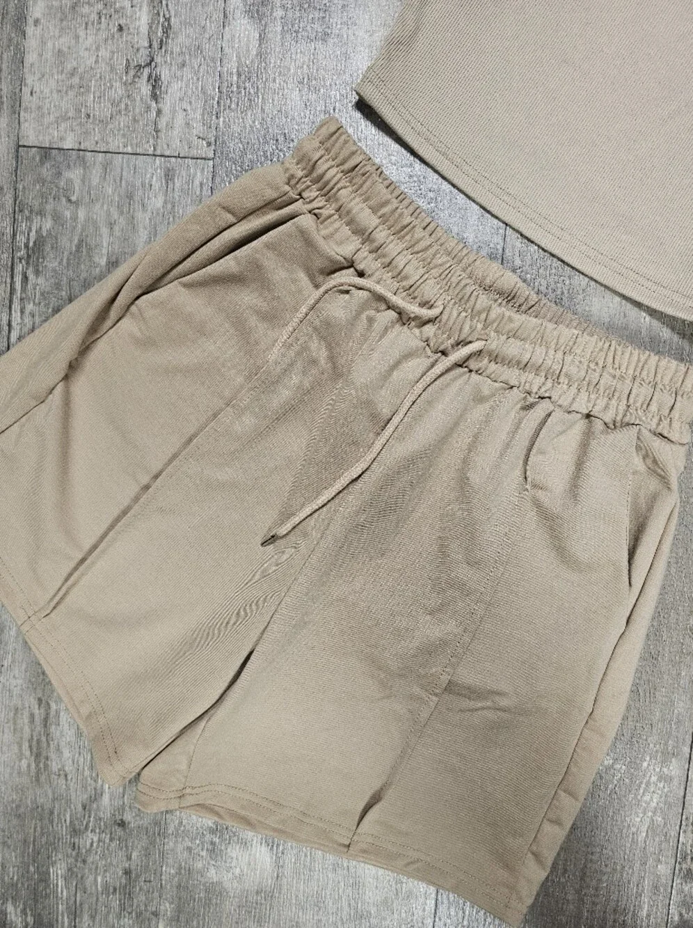 SHEIN Beige Ribbed Crop Tank and Drawstring Waist Shorts Set
